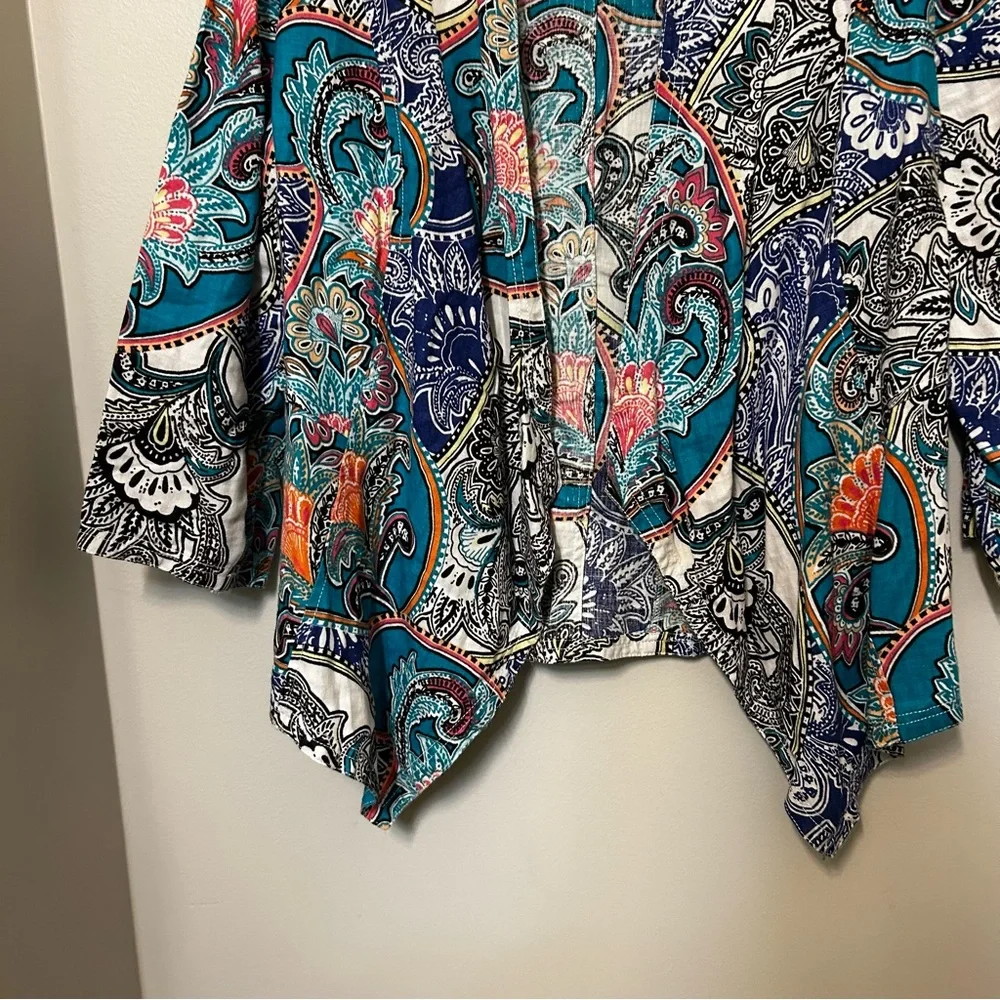Chicos Linen Jacket Womens 1 US Blue Paisley Open‎ Front 3/4 Sleeves Lagenlook